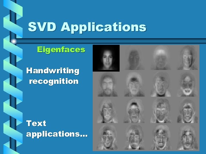 SVD Applications Eigenfaces Handwriting recognition Text applications… 