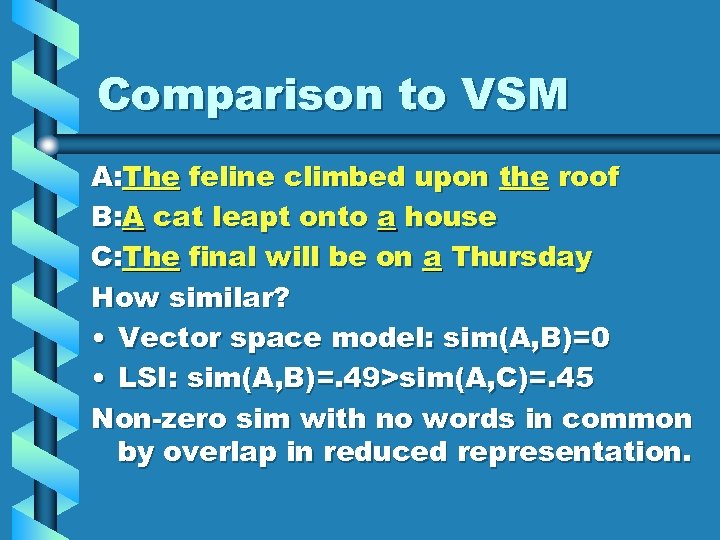 Comparison to VSM A: The feline climbed upon the roof B: A cat leapt