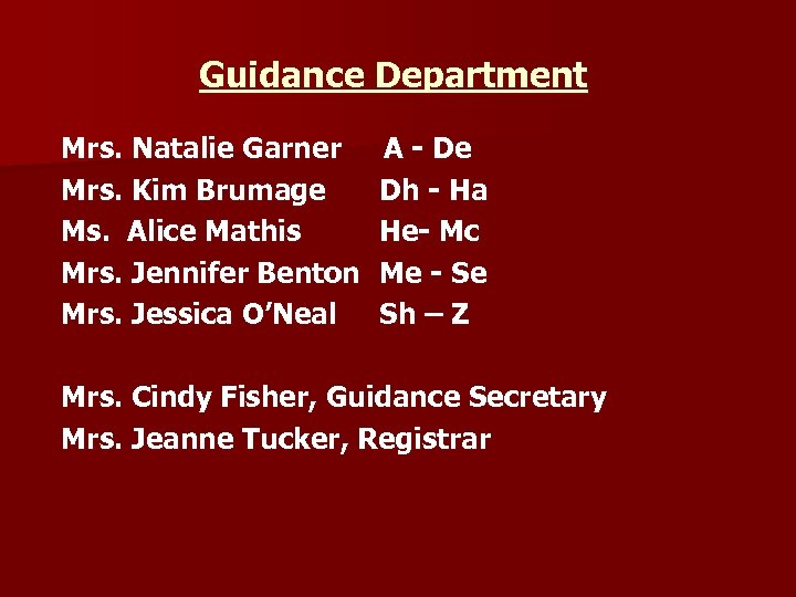 Guidance Department Mrs. Natalie Garner A - De Mrs. Kim Brumage Dh - Ha