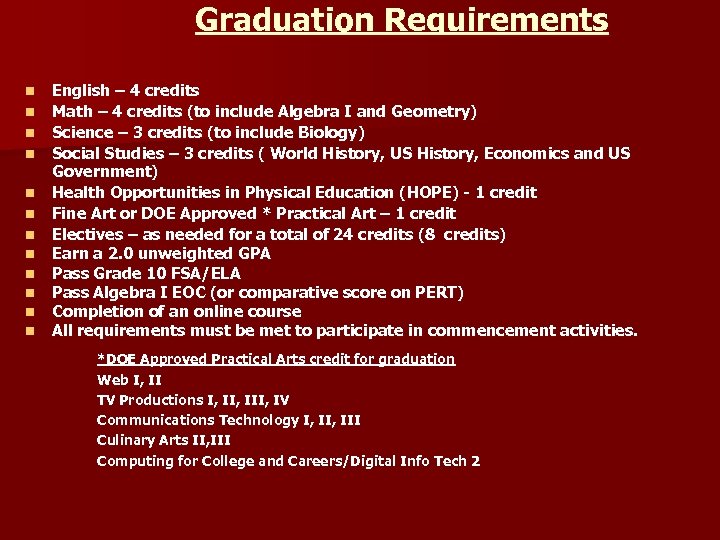 Graduation Requirements n n n English – 4 credits Math – 4 credits (to