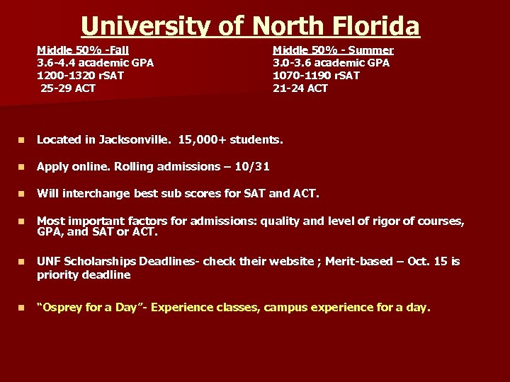 University of North Florida Middle 50% -Fall 3. 6 -4. 4 academic GPA 1200