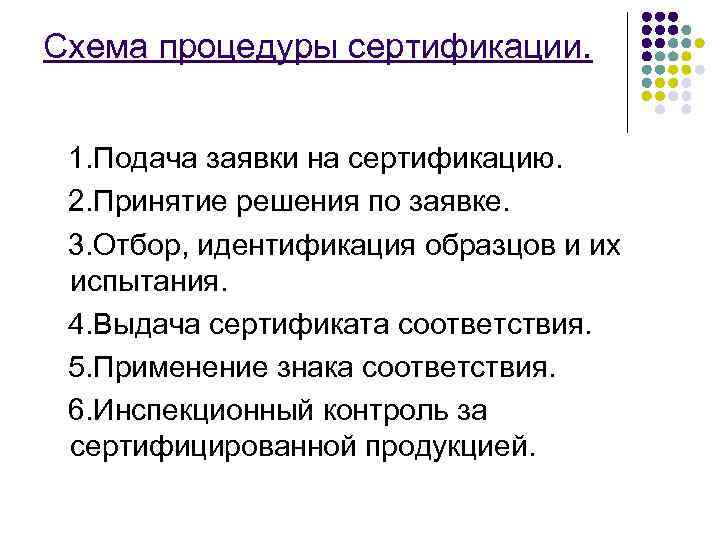 Схема процедуры сертификации. 1. Подача заявки на сертификацию. 2. Принятие решения по заявке. 3.