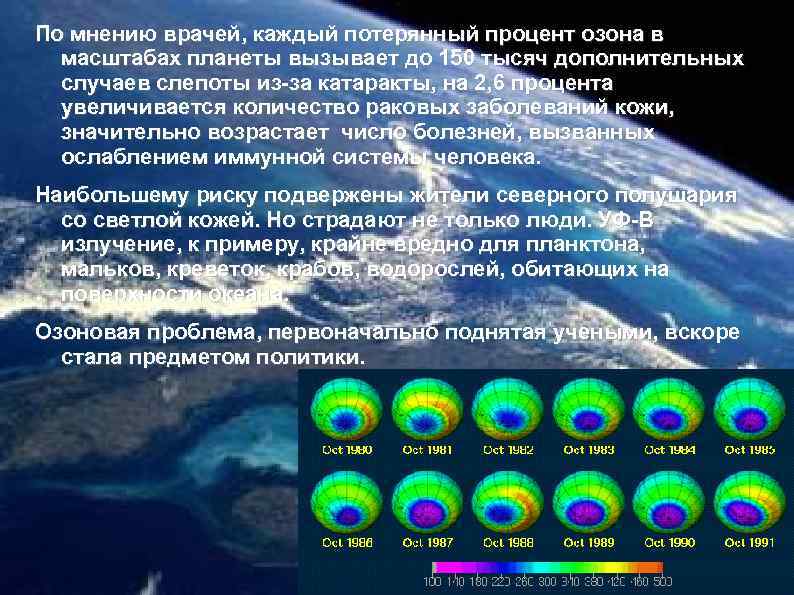 По мнению врачей, каждый потерянный процент озона в масштабах планеты вызывает до 150 тысяч