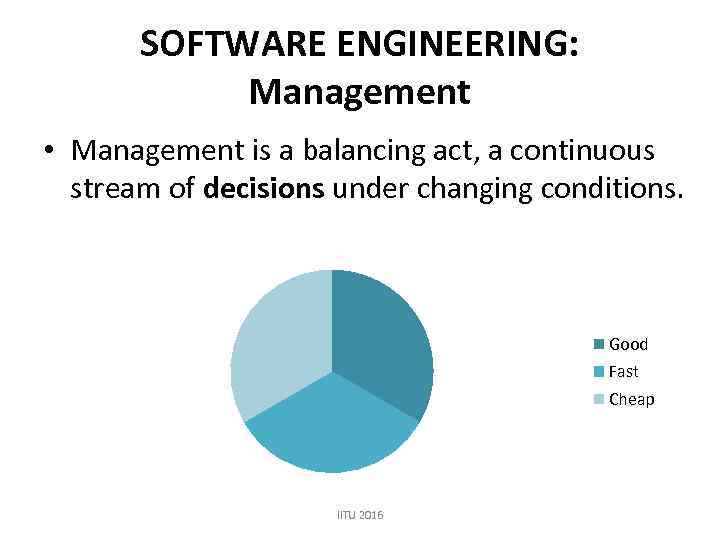 SOFTWARE ENGINEERING: Management • Management is a balancing act, a continuous stream of decisions