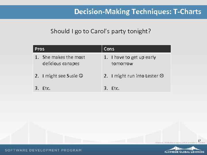Decision-Making Techniques: T-Charts Should I go to Carol’s party tonight? Pros Cons 1. She