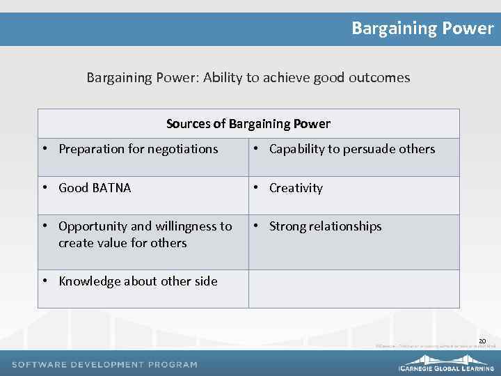 Bargaining Power: Ability to achieve good outcomes Sources of Bargaining Power • Preparation for