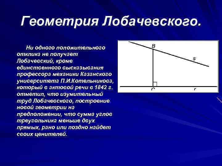 Геометрия Лобачевского. Ни одного положительного отклика не получает Лобачевский, кроме единственного высказывания профессора механики