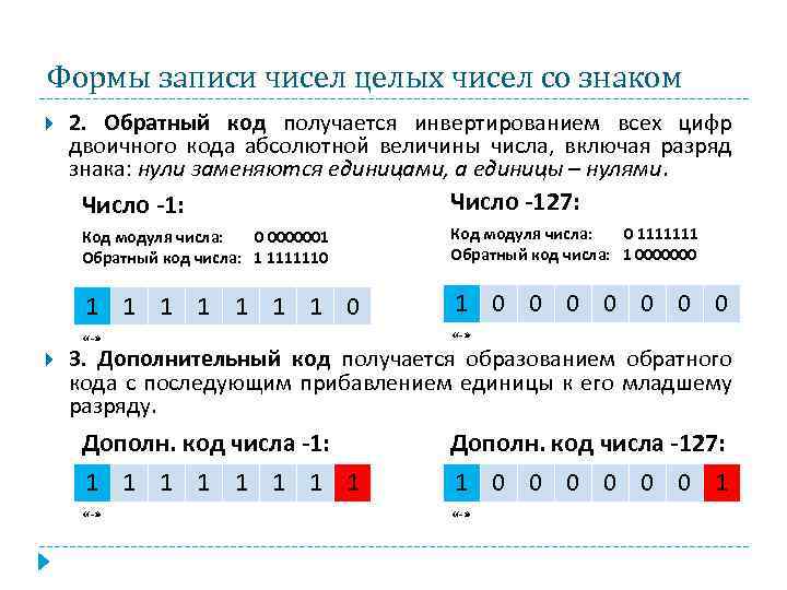 Формы записи чисел целых чисел со знаком 2. Обратный код получается инвертированием всех цифр