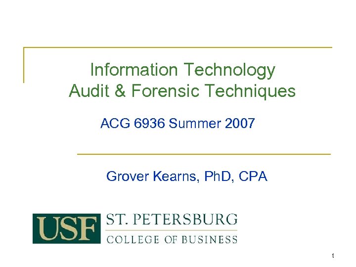 Information Technology Audit & Forensic Techniques ACG 6936 Summer 2007 Grover Kearns, Ph. D,