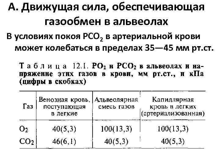 А. Движущая сила, обеспечивающая газообмен в альвеолах В условиях покоя РСО 2 в артериальной