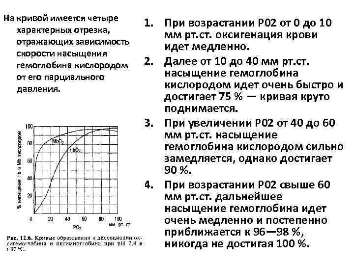 На кривой имеется четыре характерных отрезка, отражающих зависимость скорости насыщения гемоглобина кислородом от его