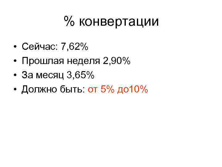 % конвертации • • Сейчас: 7, 62% Прошлая неделя 2, 90% За месяц 3,