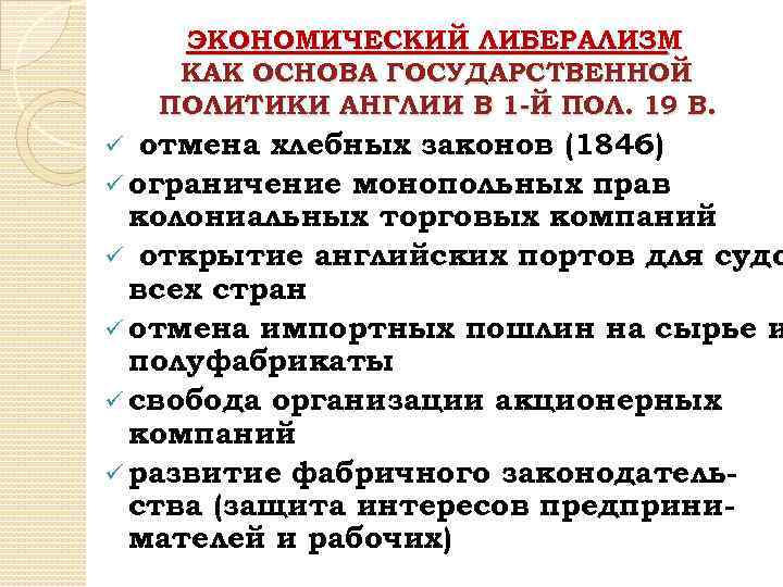ЭКОНОМИЧЕСКИЙ ЛИБЕРАЛИЗМ КАК ОСНОВА ГОСУДАРСТВЕННОЙ ПОЛИТИКИ АНГЛИИ В 1 -Й ПОЛ. 19 В. отмена