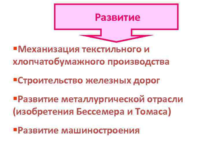 Развитие §Механизация текстильного и хлопчатобумажного производства §Строительство железных дорог §Развитие металлургической отрасли (изобретения Бессемера