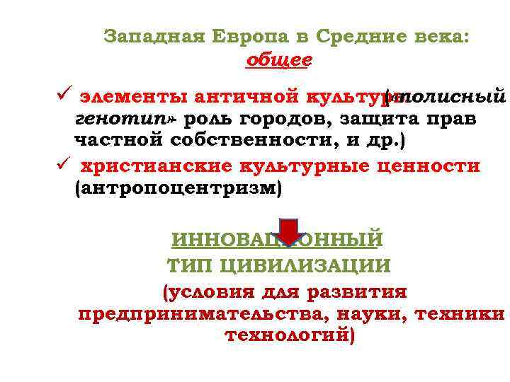 Западная Европа в Средние века: общее ü элементы античной культуры ( «полисный генотип» -