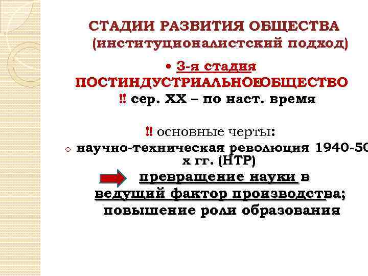 СТАДИИ РАЗВИТИЯ ОБЩЕСТВА (институционалистский подход) 3 -я стадия : ПОСТИНДУСТРИАЛЬНОЕ ОБЩЕСТВО ‼ сер. ХХ