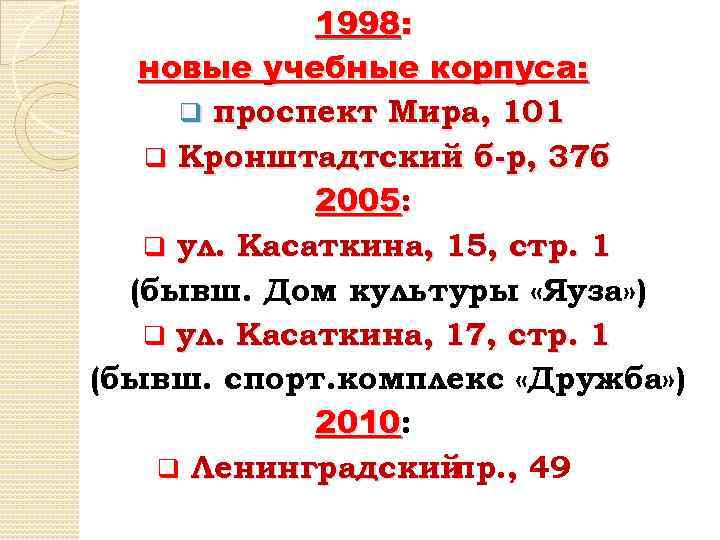 1998: новые учебные корпуса: q проспект Мира, 101 q Кронштадтский б-р, 37 б 2005: