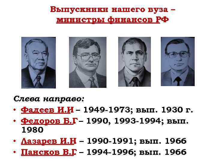 Выпускники нашего вуза – министры финансов РФ Слева направо: • Фадеев И. И –