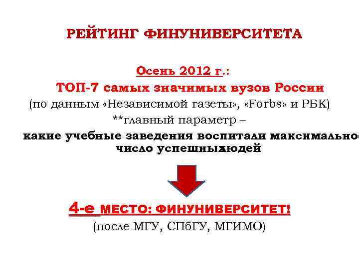 РЕЙТИНГ ФИНУНИВЕРСИТЕТА Осень 2012 г. : ТОП-7 самых значимых вузов России (по данным «Независимой