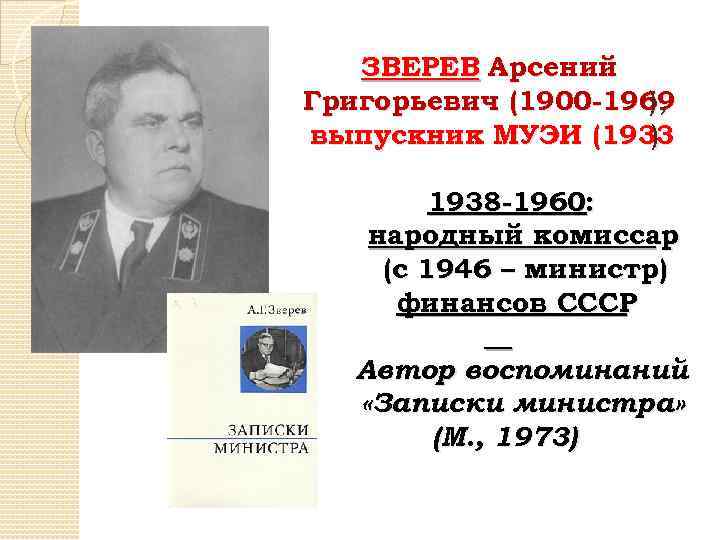 ЗВЕРЕВ Арсений Григорьевич (1900 -1969 ), выпускник МУЭИ (1933 ) 1938 -1960: народный комиссар
