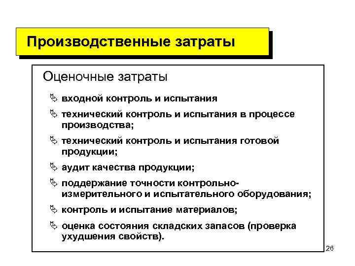 Производственные затраты Оценочные затраты Ä входной контроль и испытания Ä технический контроль и испытания