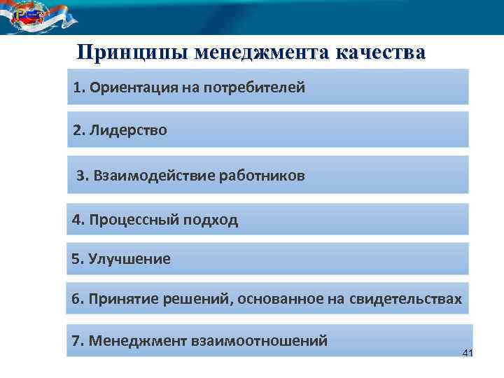 Принципы менеджмента качества 1. Ориентация на потребителей 2. Лидерство 3. Взаимодействие работников 4. Процессный