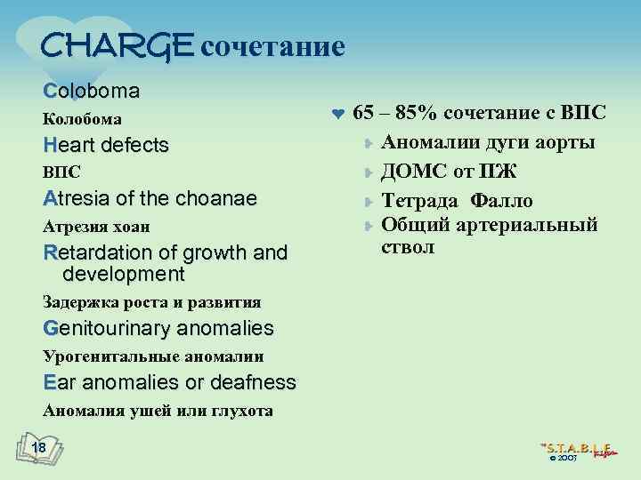 CHARGE сочетание Coloboma Колобома Heart defects ВПС Atresia of the choanae Атрезия хоан Retardation