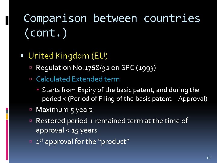 Comparison between countries (cont. ) United Kingdom (EU) Regulation No. 1768/92 on SPC (1993)
