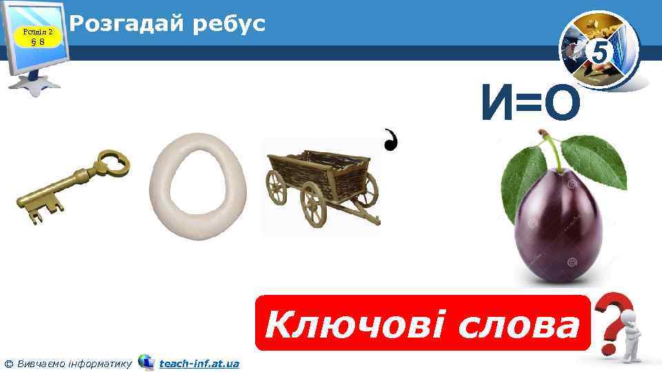 Розділ 2 § 8 Розгадай ребус 5 И=О Ключові слова © Вивчаємо інформатику teach-inf.