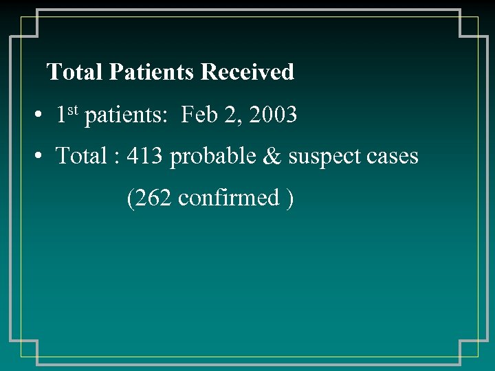 Total Patients Received • 1 st patients: Feb 2, 2003 • Total : 413