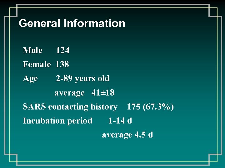 General Information Male 124 Female 138 Age 2 -89 years old average 41± 18