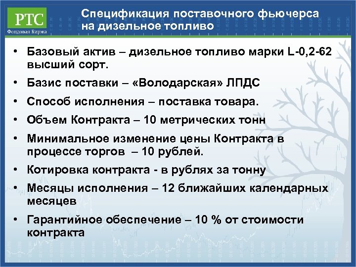 Спецификация поставочного фьючерса на дизельное топливо • Базовый актив – дизельное топливо марки L-0,