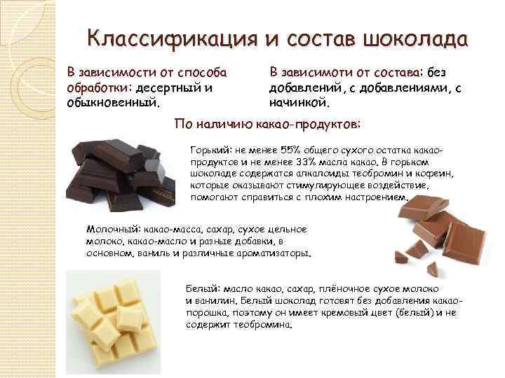 Классификация и состав шоколада В зависимости от способа обработки: десертный и обыкновенный. В зависимоти