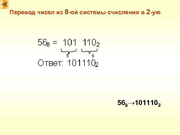 Перевод чисел из 8 -ой системы счисления в 2 -ую 5 6 568→ 1011102