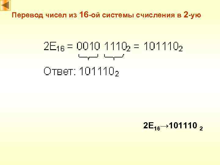 Перевод чисел из 16 -ой системы счисления в 2 -ую 2 E 16→ 101110