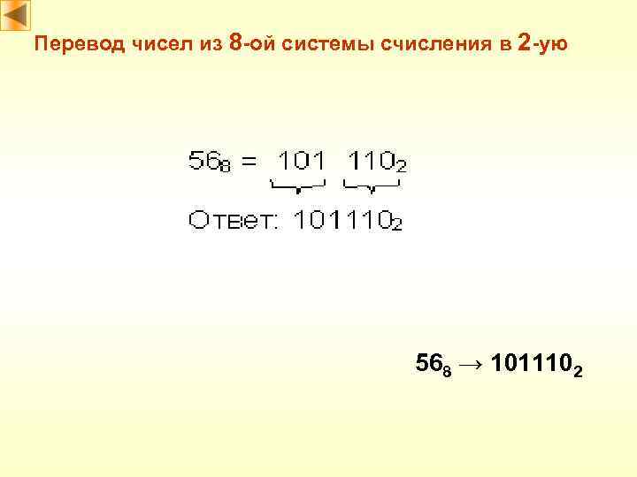 Перевод чисел из 8 -ой системы счисления в 2 -ую 568 → 1011102 