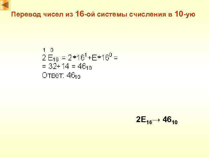 Перевод чисел из 16 -ой системы счисления в 10 -ую 2 E 16→ 4610