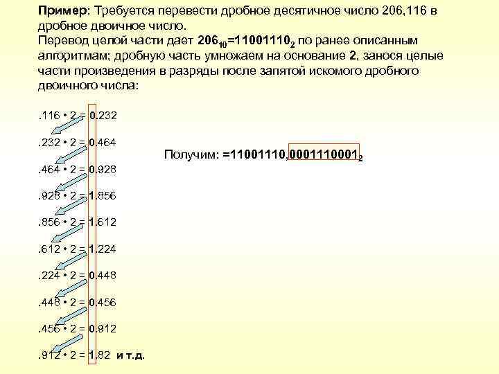 Пример: Требуется перевести дробное десятичное число 206, 116 в дробное двоичное число. Перевод целой