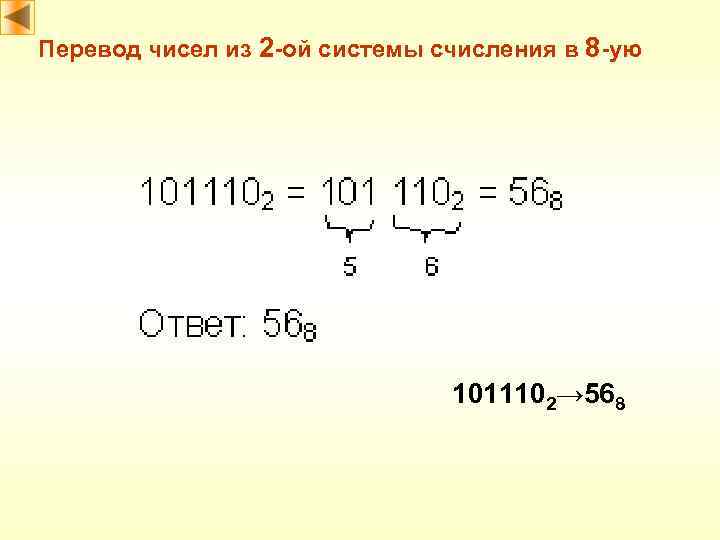 Перевод чисел из 2 -ой системы счисления в 8 -ую 1011102→ 568 