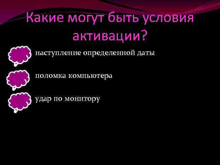 Какие могут быть условия активации? наступление определенной даты поломка компьютера удар по монитору 