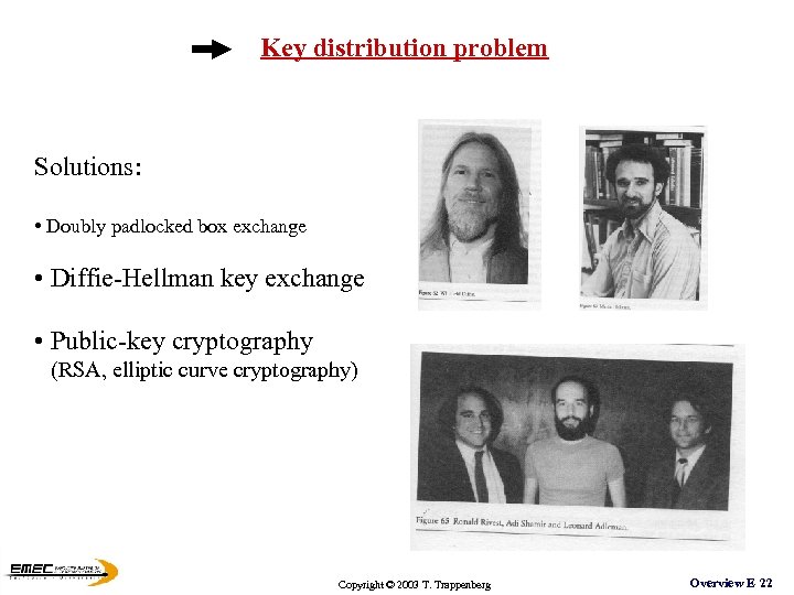Key distribution problem Solutions: • Doubly padlocked box exchange • Diffie-Hellman key exchange •