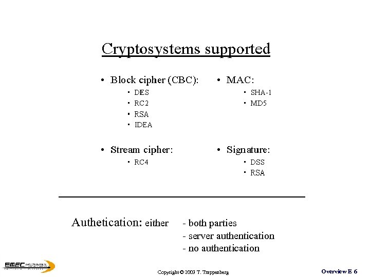 Authetication: either - both parties - server authentication - no authentication Copyright © 2003