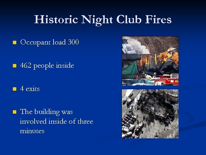 Historic Night Club Fires n Occupant load 300 n 462 people inside n 4
