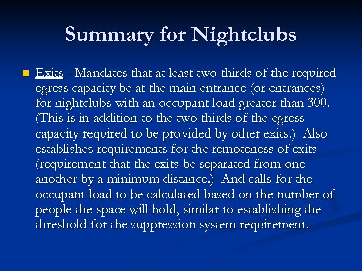 Summary for Nightclubs n Exits - Mandates that at least two thirds of the
