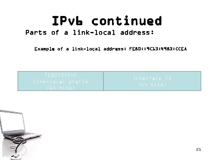 IPv 6 continued Parts of a link-local address: Example of a link-local address: FE