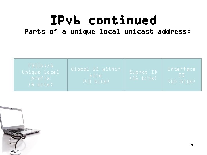 IPv 6 continued Parts of a unique local unicast address: FD 00: : /8