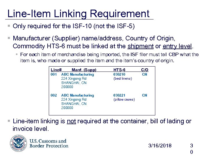 Line-Item Linking Requirement § Only required for the ISF-10 (not the ISF-5) § Manufacturer