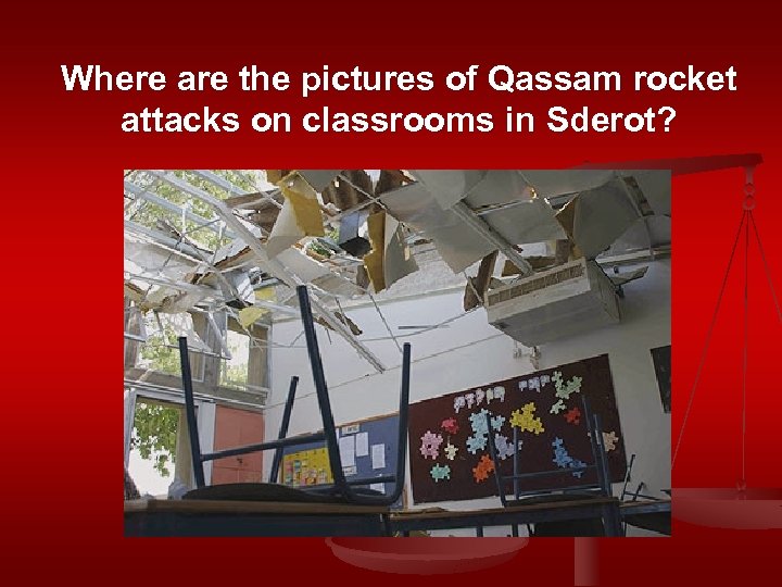 Where are the pictures of Qassam rocket attacks on classrooms in Sderot? 