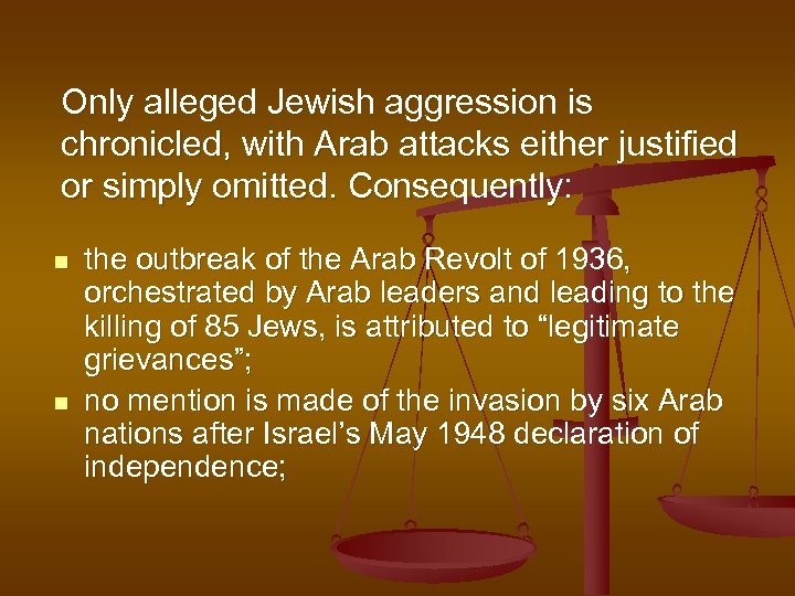 Only alleged Jewish aggression is chronicled, with Arab attacks either justified or simply omitted.