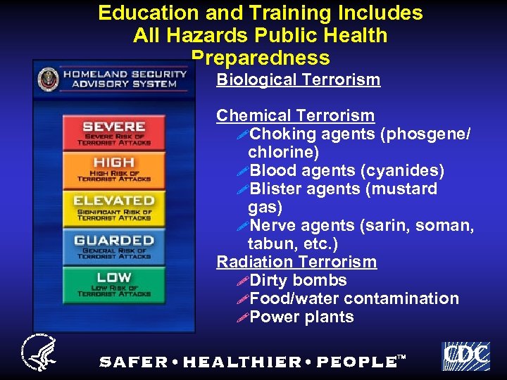 Education and Training Includes All Hazards Public Health Preparedness Biological Terrorism Chemical Terrorism !Choking